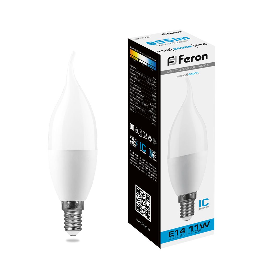 Лампа светодиодная, (11W) 230V E14 6400K на ветру C37T, LB-770 Feron - изображение №1