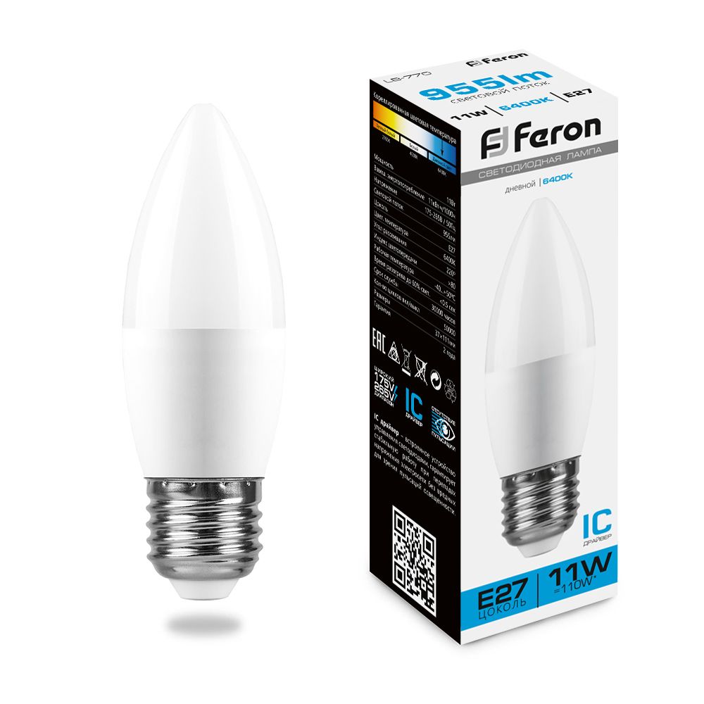 Feron Лампа светодиодная, (11W) 230V E27 6400K С37, LB-770 - изображение №1