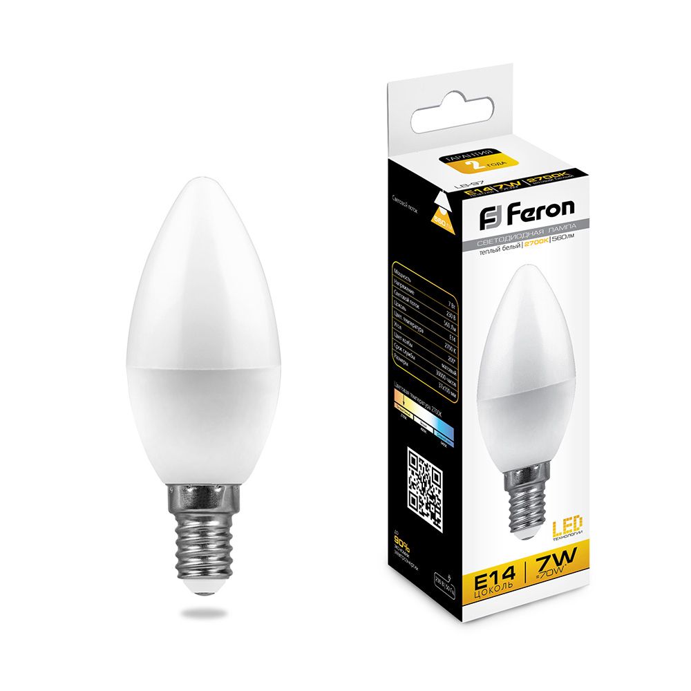 Feron Лампа светодиодная, (7W) 230V E14 2700K C37, LB-97 - изображение №1