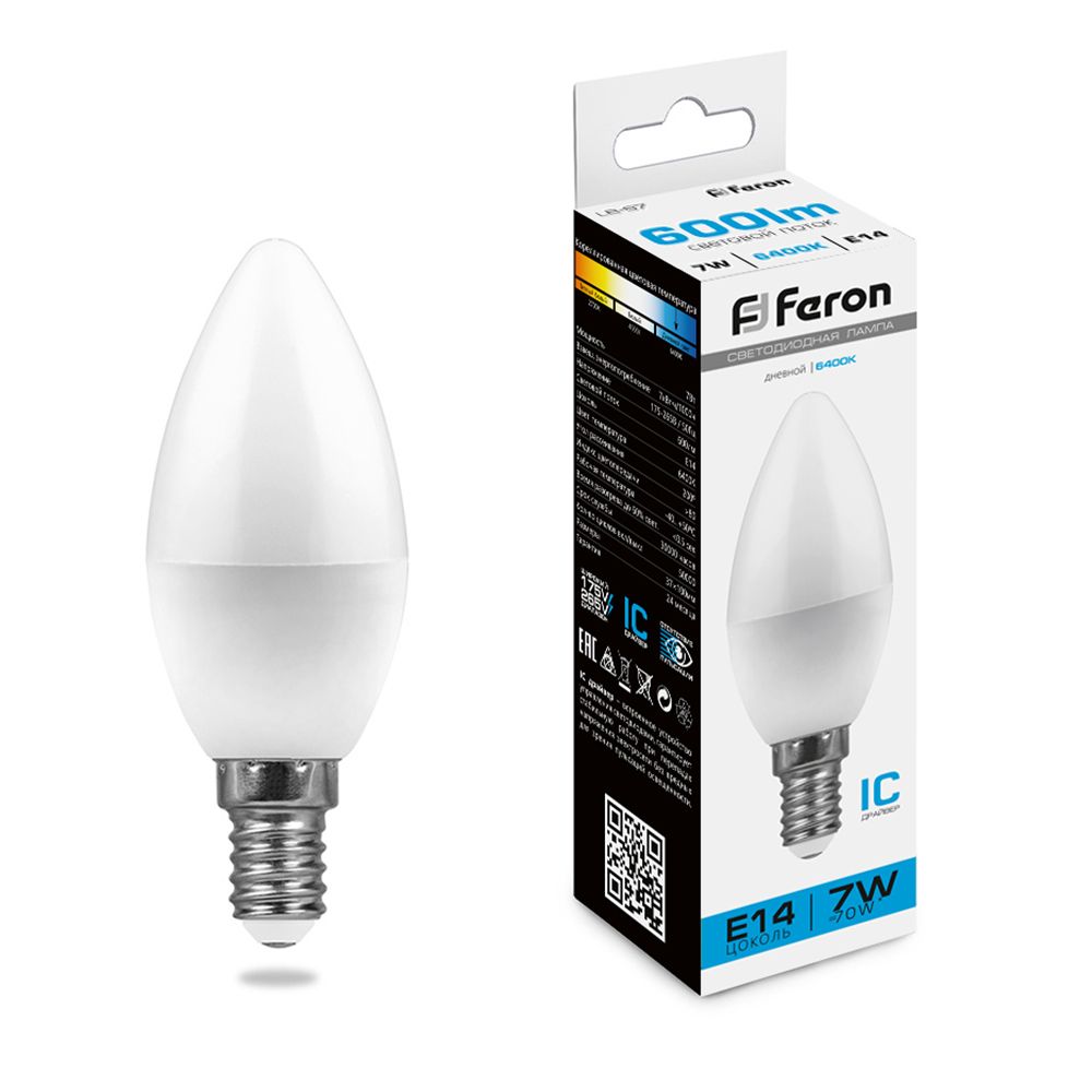 Лампа светодиодная, (7W) 230V E14 6400K C37, LB-97 Feron - изображение №1