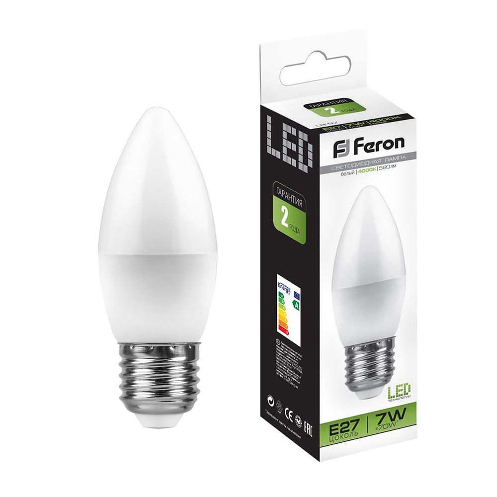 Лампа светодиодная, (7W) 230V E27 4000K C37, LB-97 Feron - изображение №1