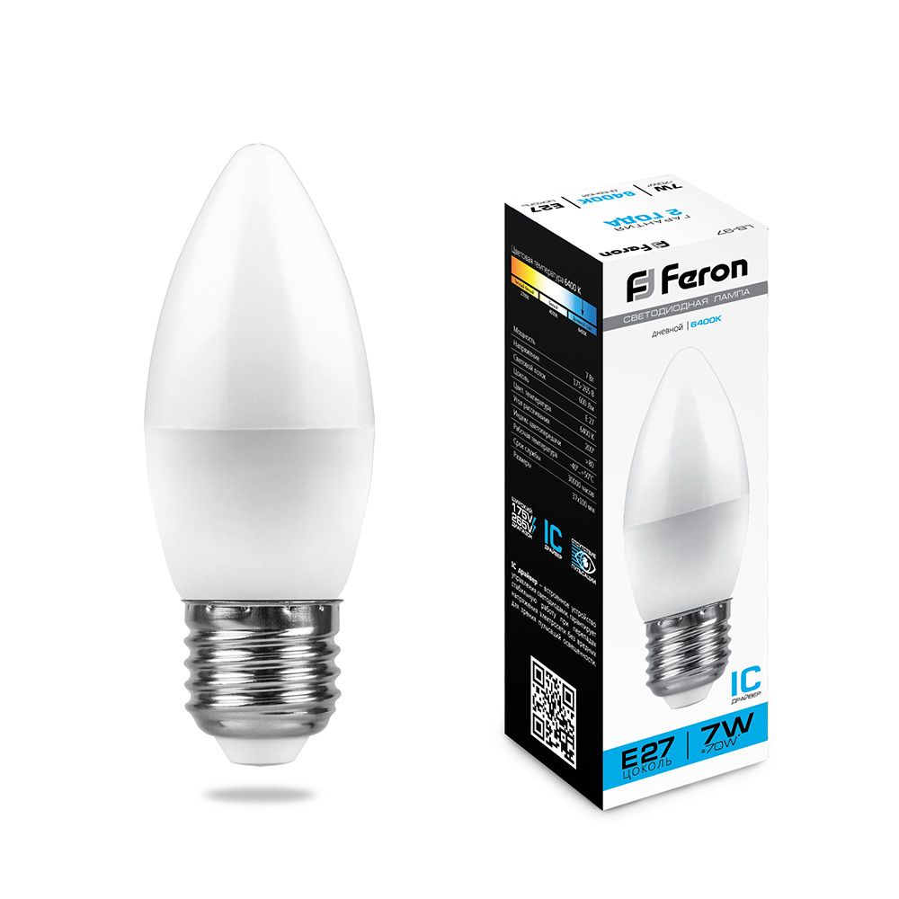 Feron Лампа светодиодная, (7W) 230V E27 6400K C37, LB-97 - изображение №1