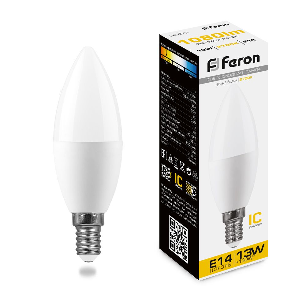 Feron Лампа светодиодная, (13W) 230V E14 2700K С37, LB-970 - изображение №1