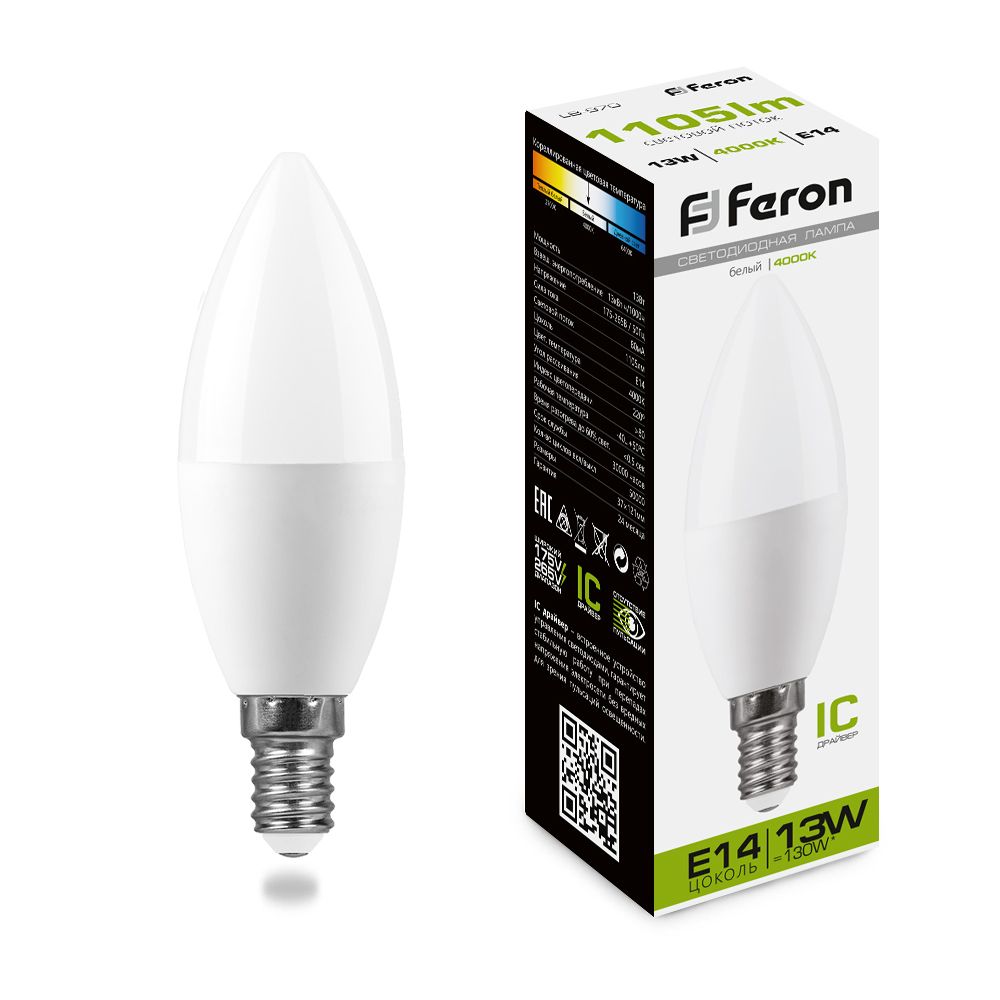 Feron Лампа светодиодная, (13W) 230V E14 4000K С37, LB-970 - Изображение №1