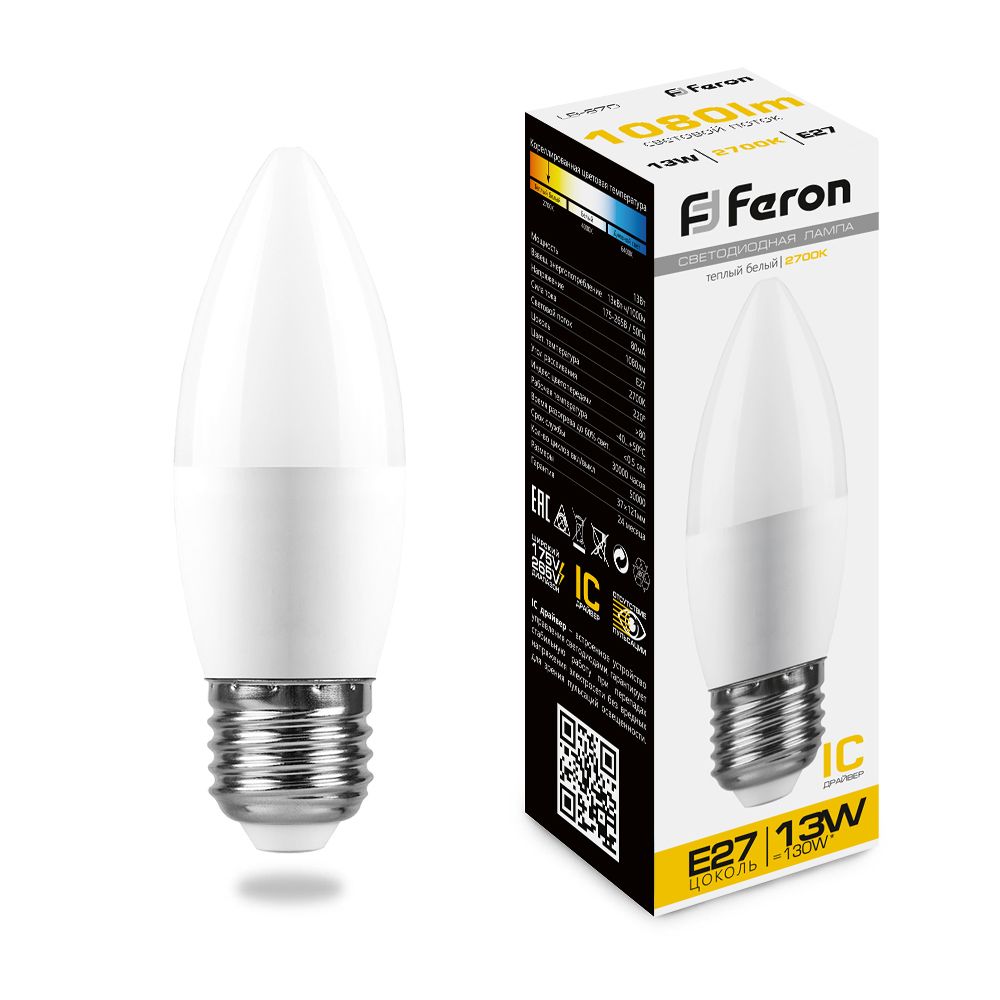 Feron Лампа светодиодная, (13W) 230V E27 2700K С37, LB-970 - изображение №1