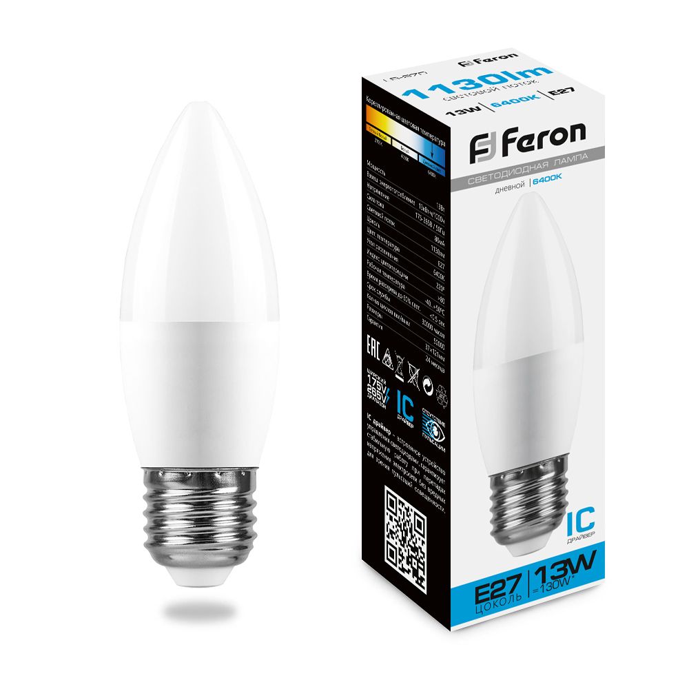 Feron Лампа светодиодная, (13W) 230V E27 6400K С37, LB-970 - изображение №1