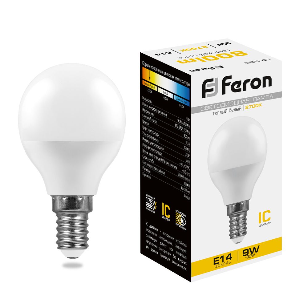 Лампа светодиодная, (9W) 230V E14 2700K G45, LB-550 Feron - изображение №1