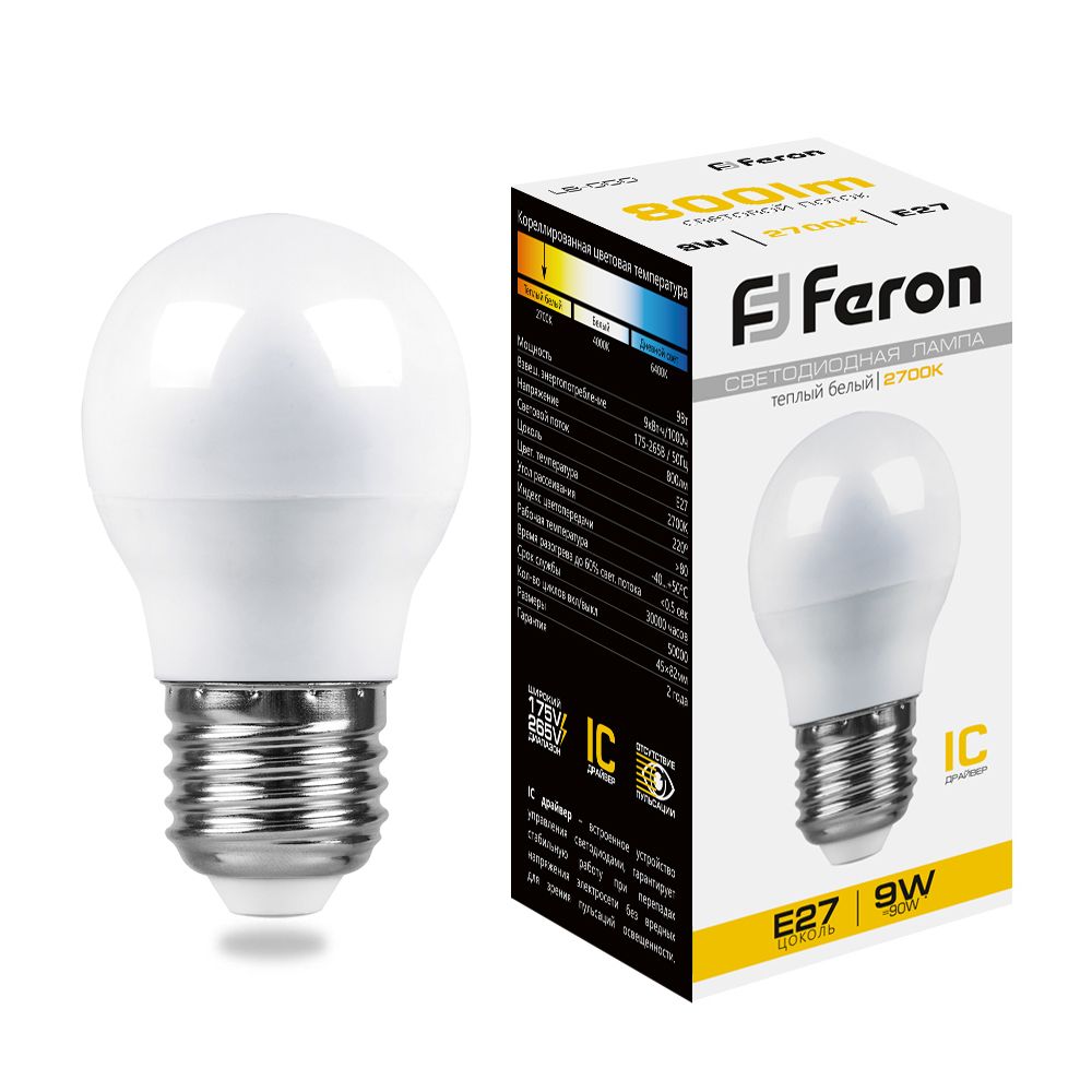 Feron Лампа светодиодная,  (9W) 230V E27 2700K G45, LB-550 - изображение №1