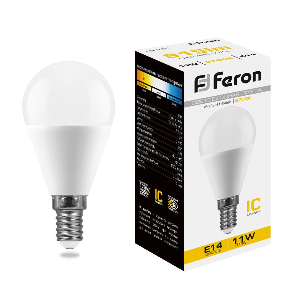Feron Лампа светодиодная,  (11W) 230V E14 2700K G45, LB-750 - Изображение №1