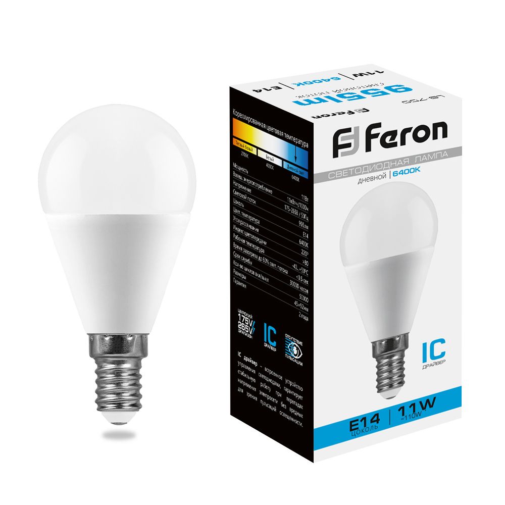 Лампа светодиодная, (11W) 230V E14 6400K G45, LB-750 Feron - изображение №1