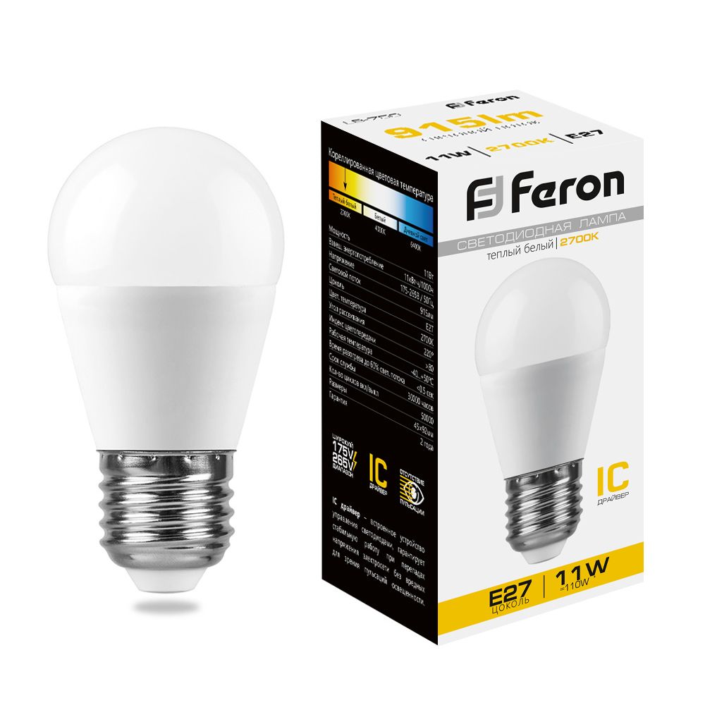 Лампа светодиодная, (11W) 230V E27 2700K G45, LB-750 Feron - изображение №1
