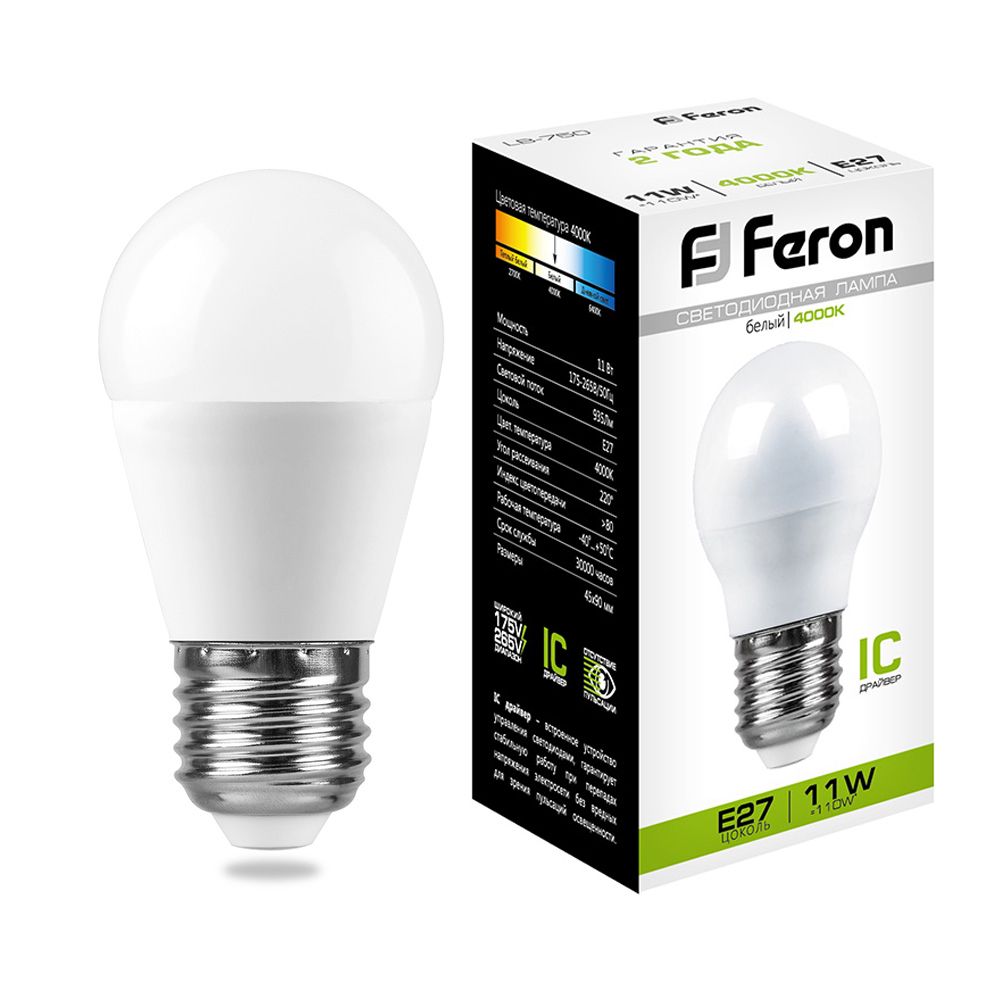 Feron Лампа светодиодная, (11W) 230V E27 4000K G45, LB-750 - Изображение №1
