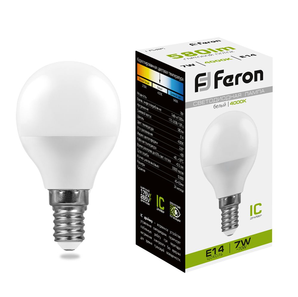 Лампа светодиодная, (7W) 230V E14 4000K G45, LB-95 Feron - изображение №1