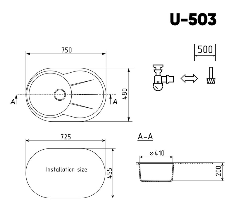 Мойка овальная Ulgran U - 503 - 341 (ультра-белый) 750*480мм РАСПРОДАЖА - миниатюра №2