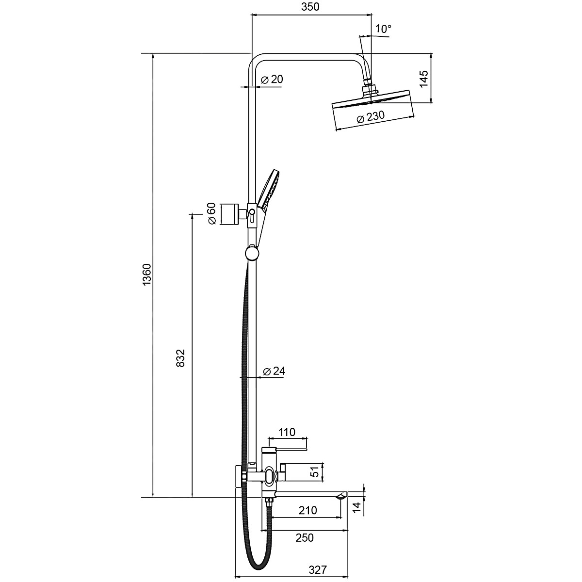 Душ/система FRAP F2467 хром (смес с гусаком, верхний душ, ручн. лейка) - миниатюра №3