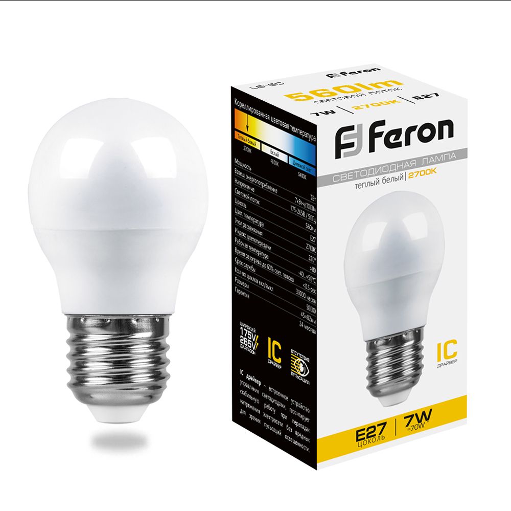 Feron Лампа светодиодная,  (7W) 230V E27 2700K G45, LB-95 - изображение №1