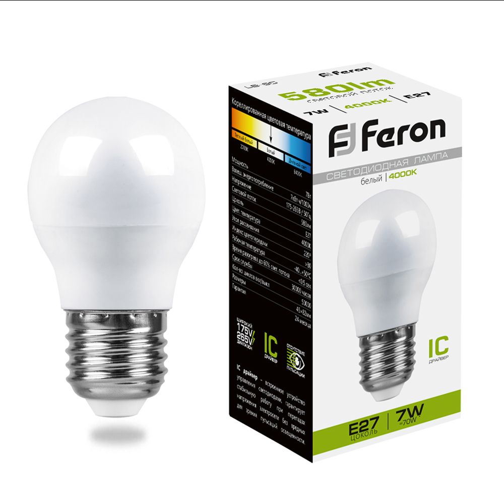 Лампа светодиодная, (7W) 230V E27 4000K G45, LB-95 Feron - изображение №1