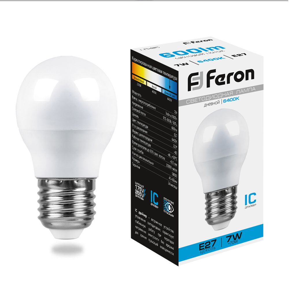 Feron Лампа светодиодная, (7W) 230V E27 6400K G45, LB-95 - изображение №1