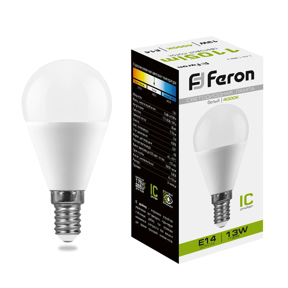 Feron Лампа светодиодная,  (13W) 230V E14 4000K G45, LB-950 - Изображение №2