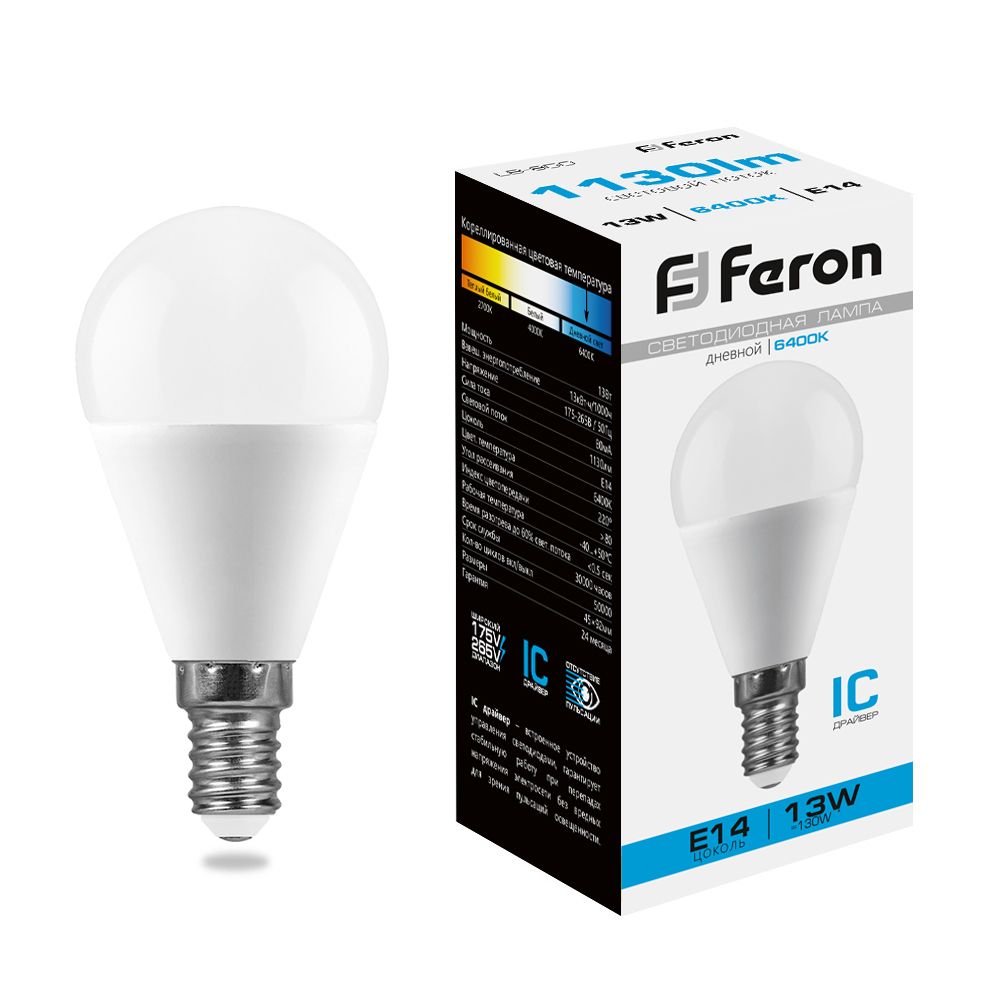 Feron Лампа светодиодная,  (13W) 230V E14 6400K G45, LB-950 - изображение №1
