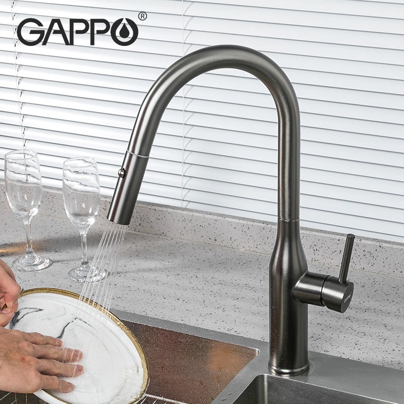 Смеситель д/кухни GAPPO G4398-41 нерж сталь /оружейная сталь /выдвижной излив (Ø35, на гайке) - миниатюра №2