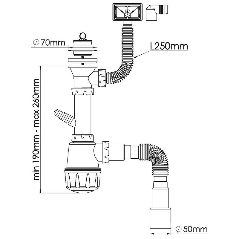 NOVA  Сифон для мойки 1036 1 1/2 с прямоуг. перелив. выход под стир. и гибкой трубой (1шт/25упак) - Изображение №2