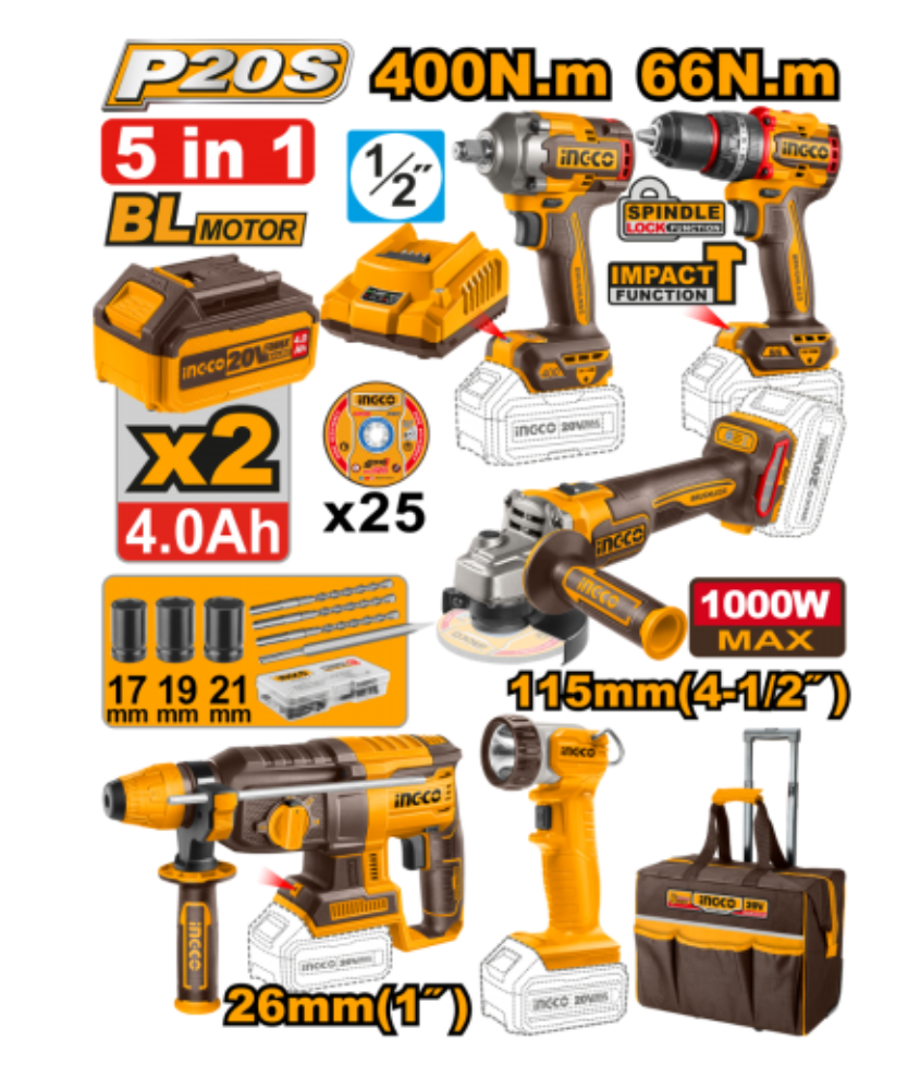 Набор аккум. инструмента 5 в 1 СУМКА на КОЛЕСАХ INGCO INDUSTRIAL - Изображение №1