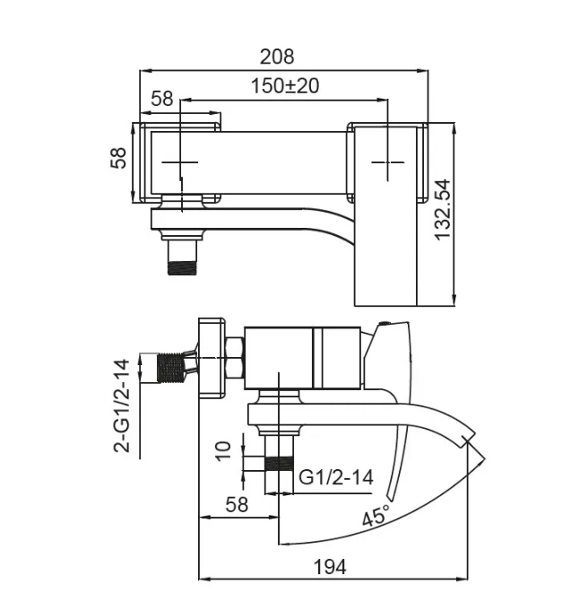 Смеситель д/ванны короткий KOER KB-41007-01  (Цвет хром) (8шт/ящ) - миниатюра №2