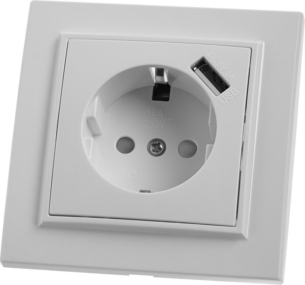 Розетка 1-местная с/з с защитной шторкой  и с USB, STEKKER серия Эрна, PST16-9011-01, белый - Изображение №1