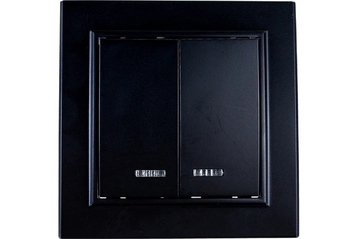 Выключатель 2-клавишный c индикатором, 250V, 10А, STEKKER серия Эрна, PSW10-9002-03, черный - изображение №1