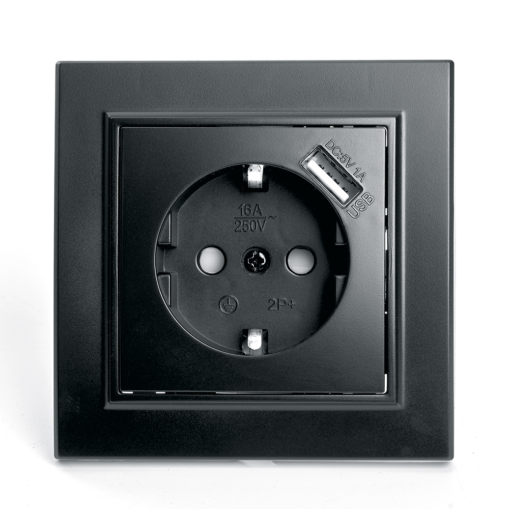 Розетка 1-местная с/з, 16А с защитной шторкой и с USB, STEKKER серия Эрна, PST16-9011-03, черный - Изображение №1