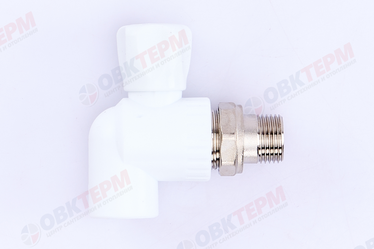 Кран рад.с нак. гайкой  20*1/2" угл.    (латунный шар)    БЕЛЫЙ PP-R    (RTP)    (50/1) - Изображение №3