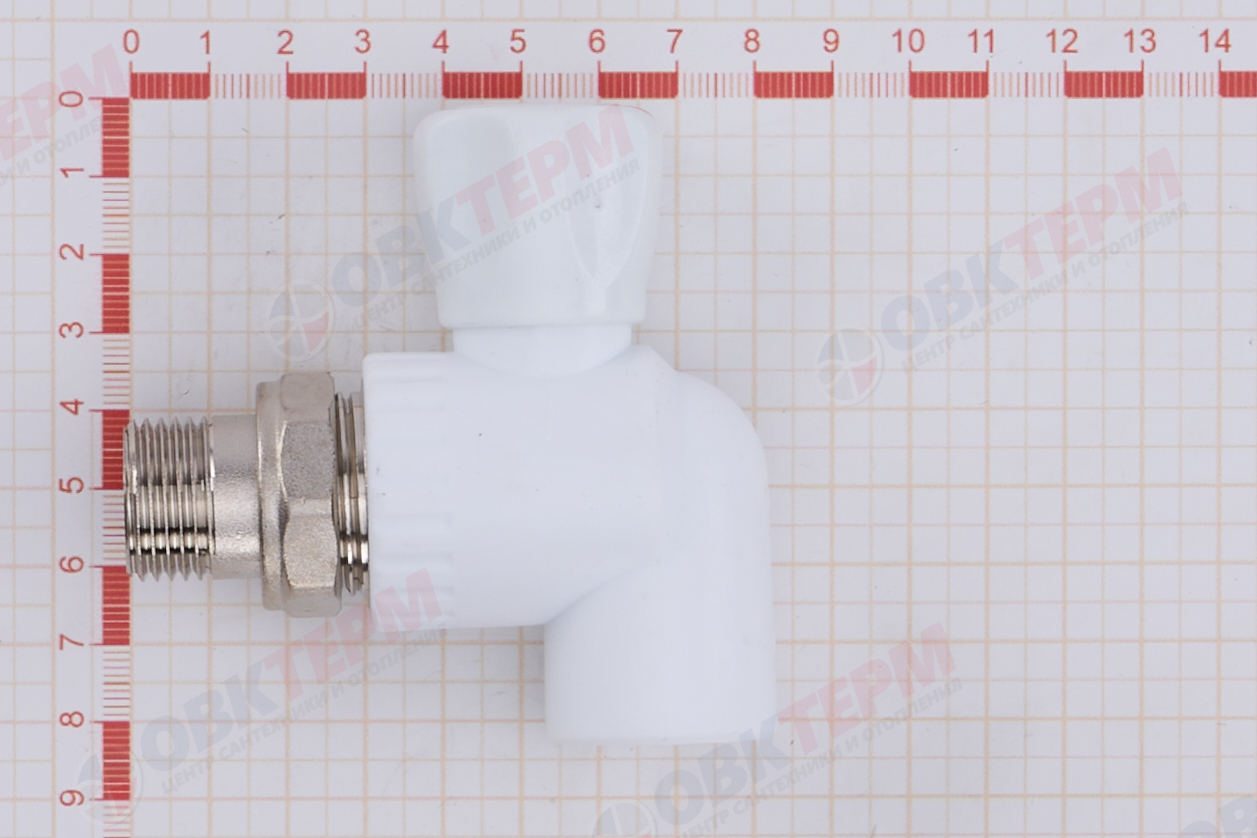 Кран рад.с нак. гайкой  20*1/2" угл.    (латунный шар)    БЕЛЫЙ PP-R    (RTP)    (50/1) - миниатюра №7