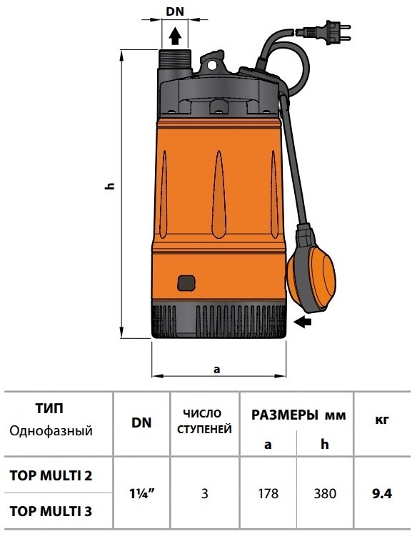 Насос дренажный  ТОР MULTI-2    Pedrollo   (0,55кВт/80л.м./42м.) - Изображение №3