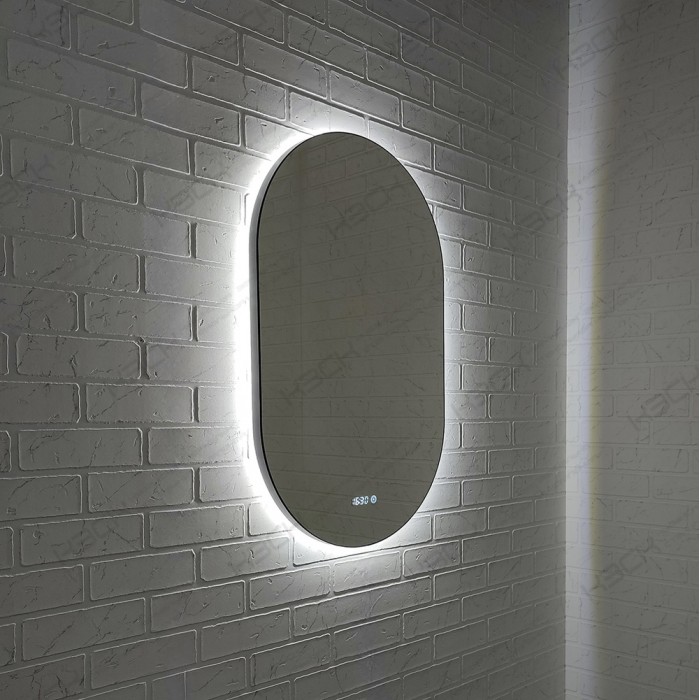 Зеркало  500х800 овальное LED подсветкой 6500К 9,6 Вт/м с сенсор.выкл.и часы в черн алюм проф КЗСК - Изображение №1