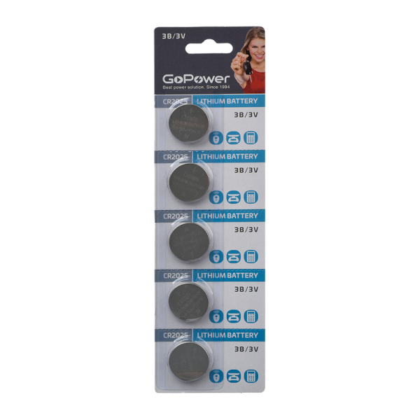 Батарейка GoPower CR2025 BL5 Lithium 3V 5шт/уп - Изображение №1
