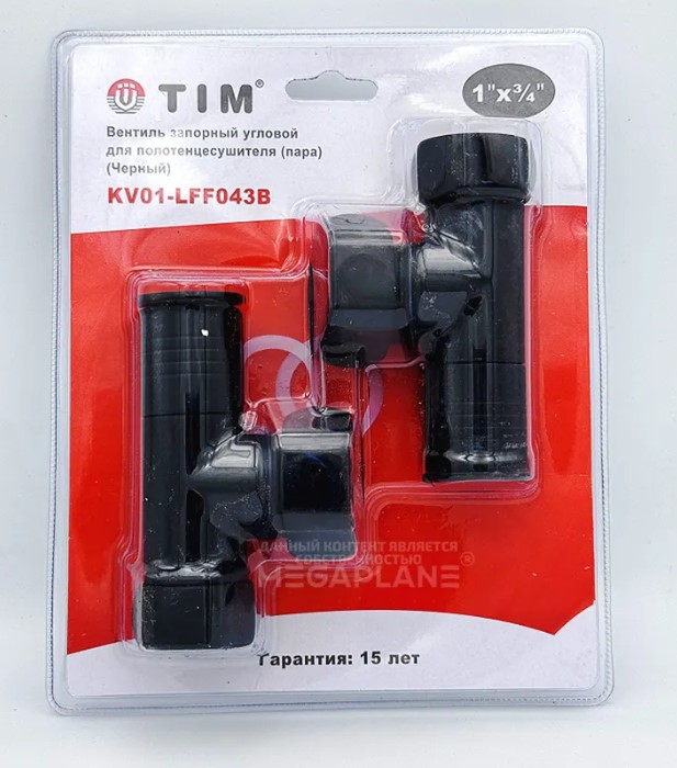 Кран  вентильный  с американкой   TIM   1"В - 3/4"В  угловой, круглый,черный   (1пара/20ящ) - Изображение №1