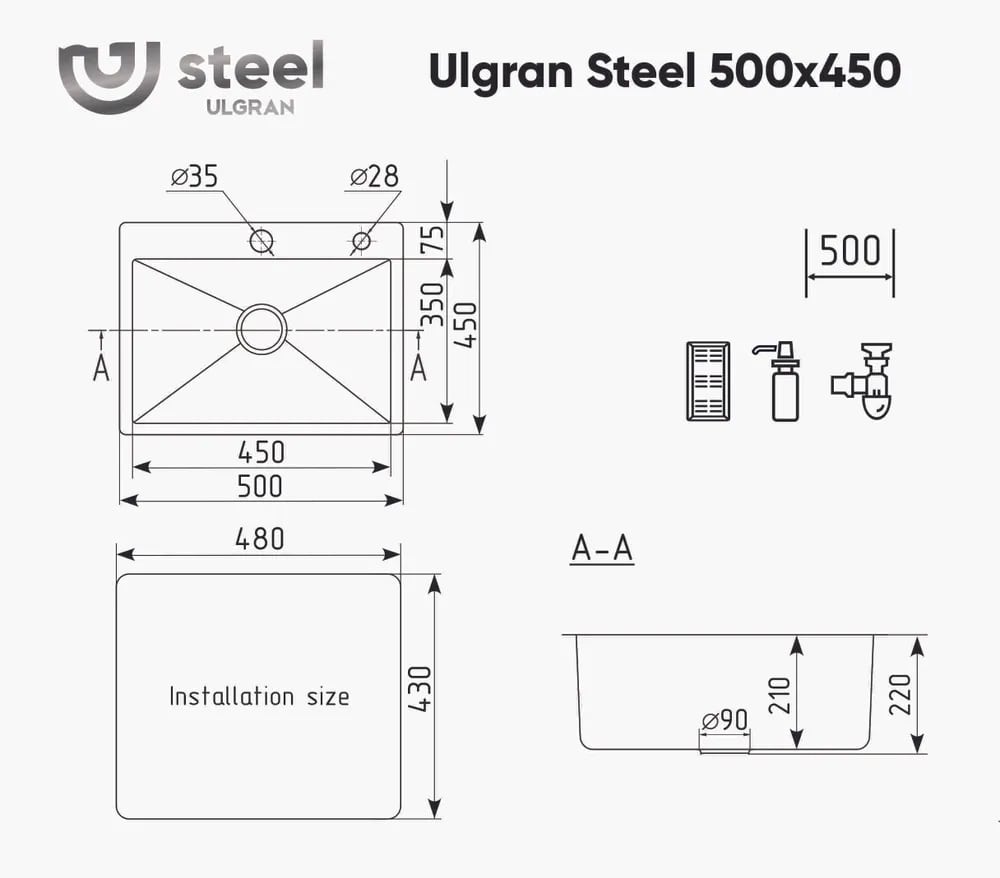 Мойка Ulgran STEEL 500x450 цвет "черная брашированная сталь"  (толщина 1.2мм) - Изображение №4