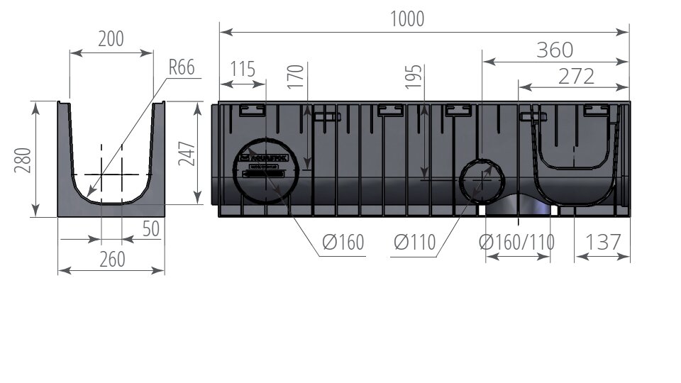 Лоток ЛВП Norma DN200 H280 без решетки (1000 х 260 х 285) - Изображение №2