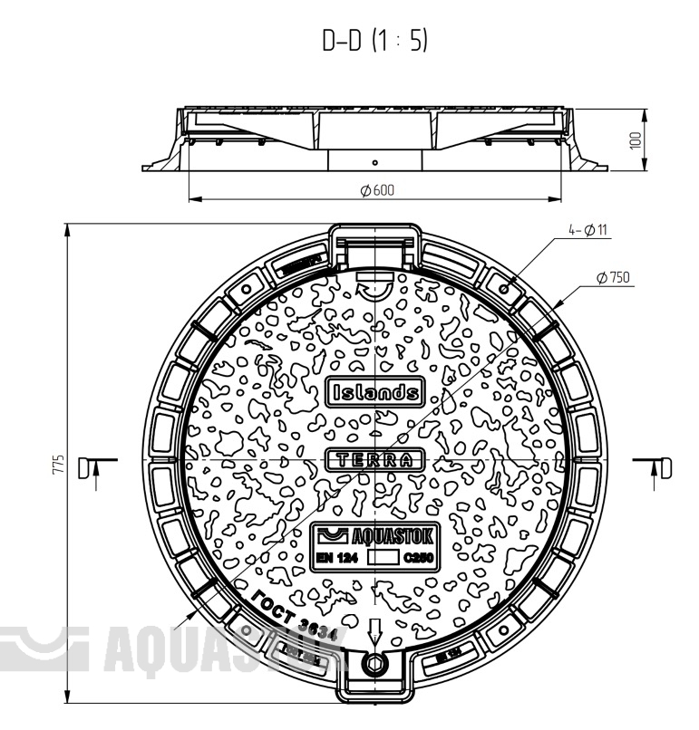 Люк чугунный AQUASTOK круглый Terra 750 (ДН750хДВ600хВ100)  С250 (10шт палета) - Изображение №5