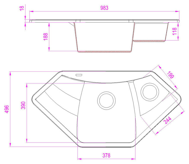 Мойка КАРАВАН Модель РУАНДА (двухчашечная) 980*500*200(130) мм ТЕМНО-СЕРЫЙ - Изображение №2