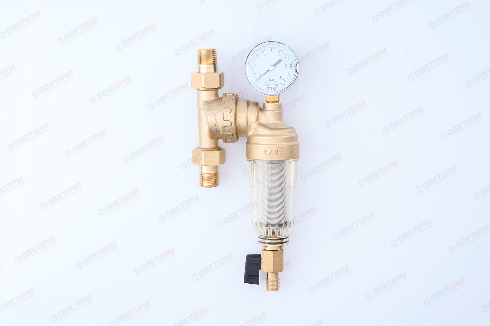 Фильтр с манометром TIM JH1002W3  1/2" со стеклянным  корпусом (1/12 шт) - Изображение №1