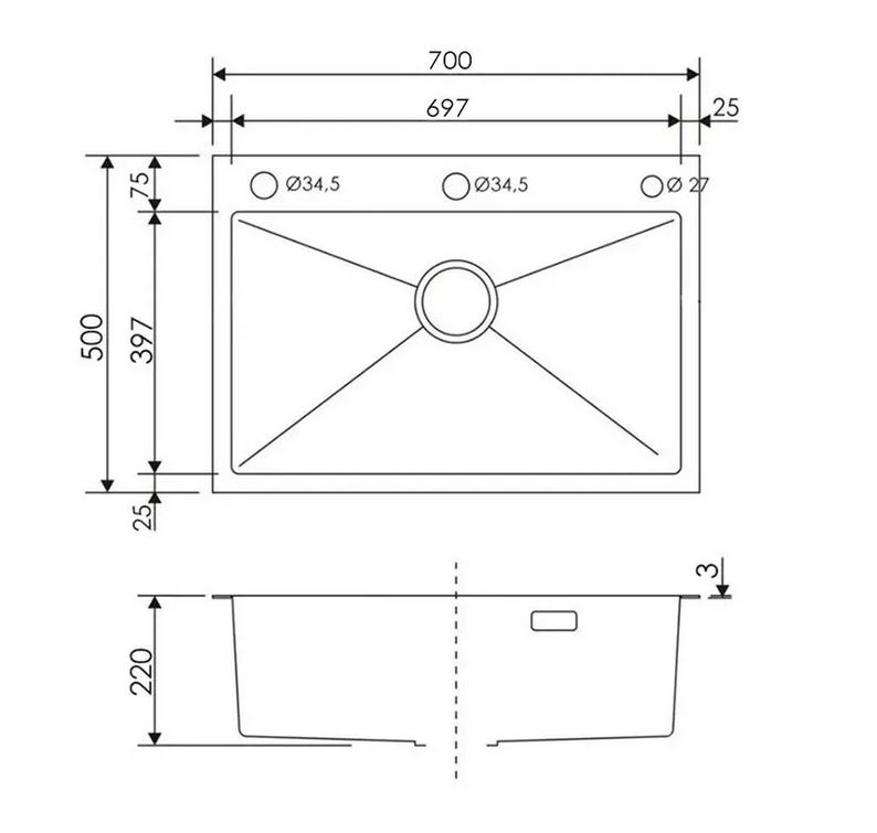 Мойка DIKALAN(Knois) из нерж. стали AISI-304 /чёрный PVD /700*500*220мм /толщ.3мм - миниатюра №6
