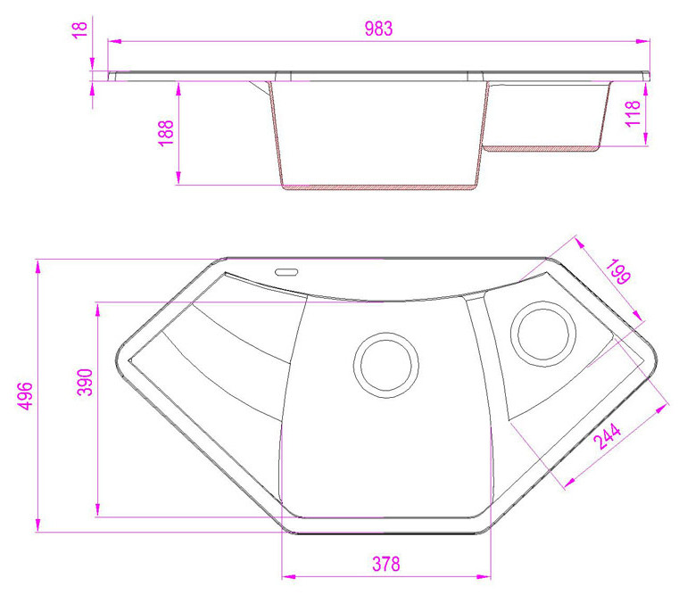 Мойка КАРАВАН Модель РУАНДА (двухчашечная) 980*500*200(130) мм СЕРЫЙ УНИВЕРСАЛ - Изображение №2