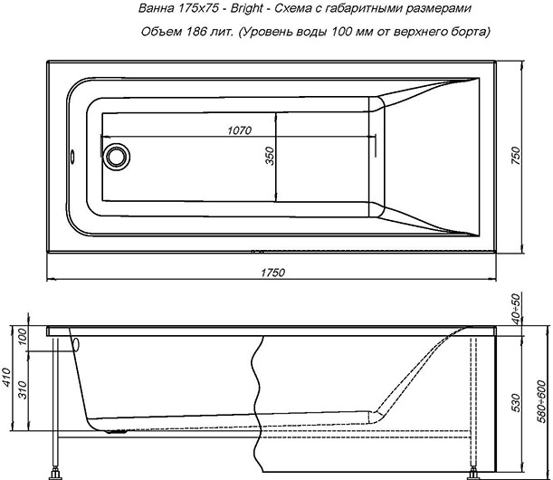 Ванна акрил AQUANET BRIGHT  175*75  с каркасом и панелью - Изображение №5