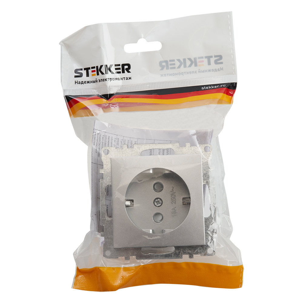 Розетка электрическая 1-местная с/з (механизм), 16А, STEKKER серия Катрин, GLS16-7110-03, серебро - миниатюра №7