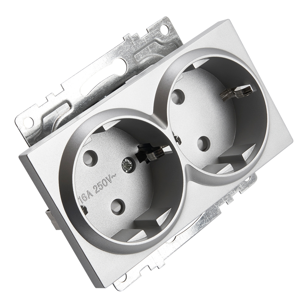 Розетка 2-местная с защитной шторкой с/з, 250В, 16А, STEKKER серия Катрин, GLS16-7114-03, серебро - миниатюра №3