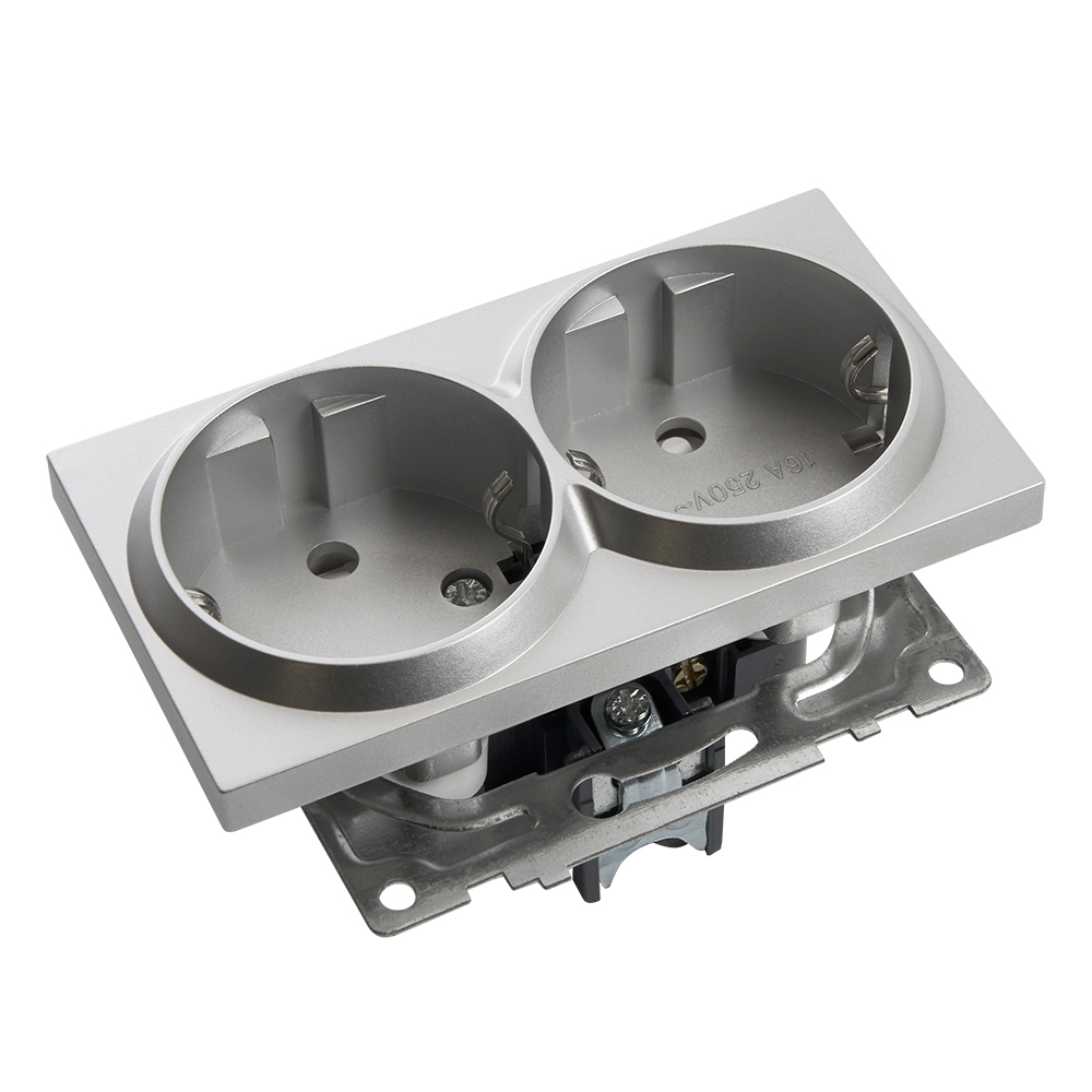 Розетка 2-местная с защитной шторкой с/з, 250В, 16А, STEKKER серия Катрин, GLS16-7114-03, серебро - миниатюра №4