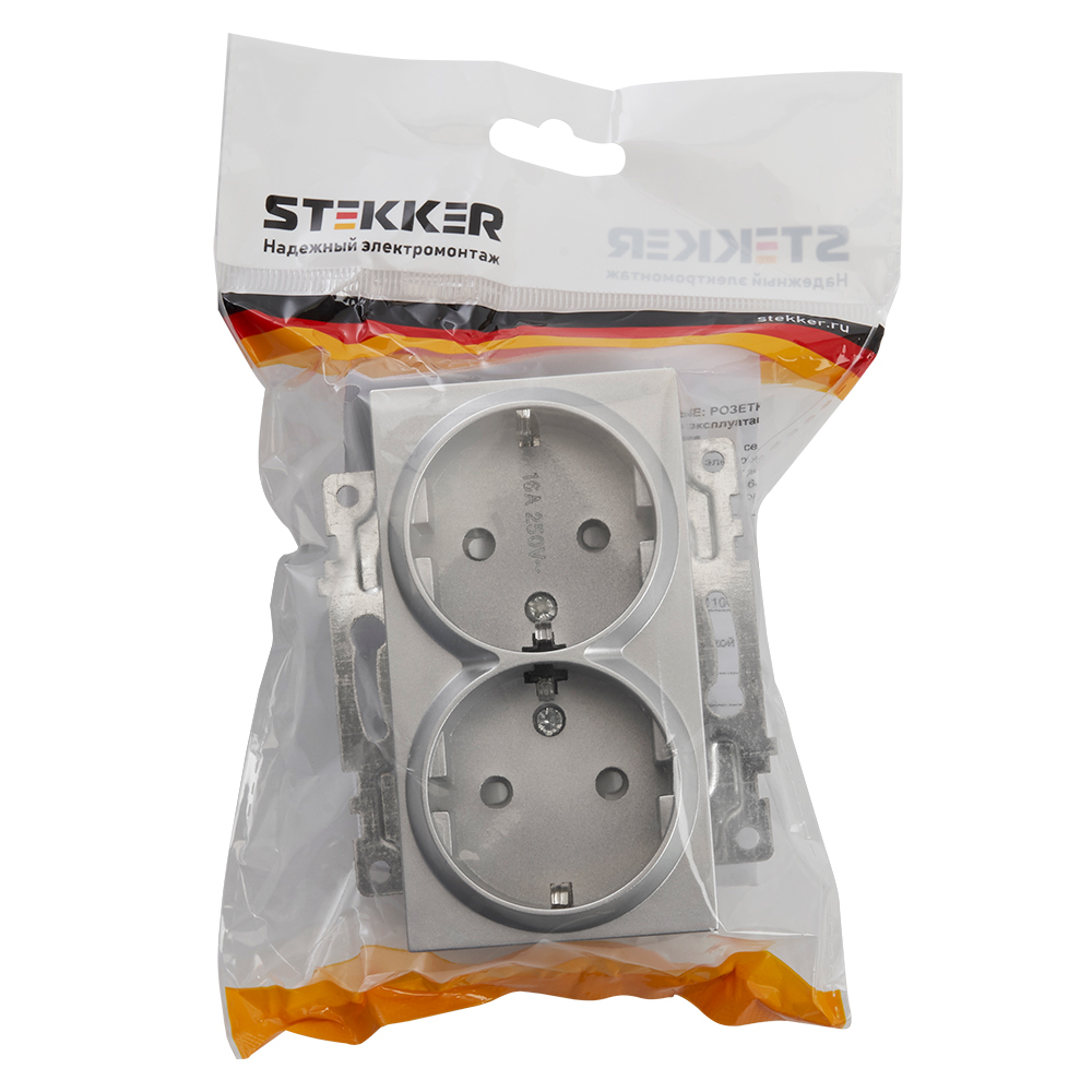 Розетка 2-местная с защитной шторкой с/з, 250В, 16А, STEKKER серия Катрин, GLS16-7114-03, серебро - миниатюра №5