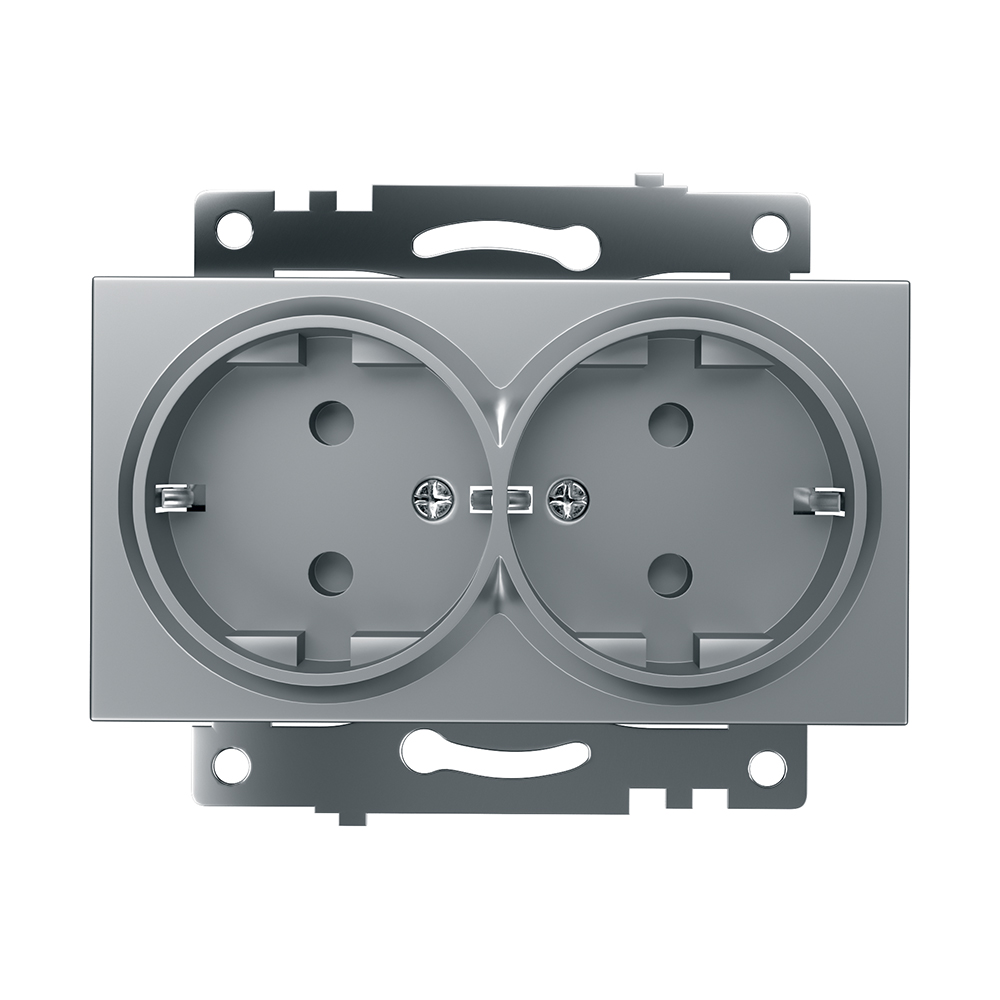 Розетка 2-местная с защитной шторкой с/з, 250В, 16А, STEKKER серия Катрин, GLS16-7114-03, серебро - изображение №1